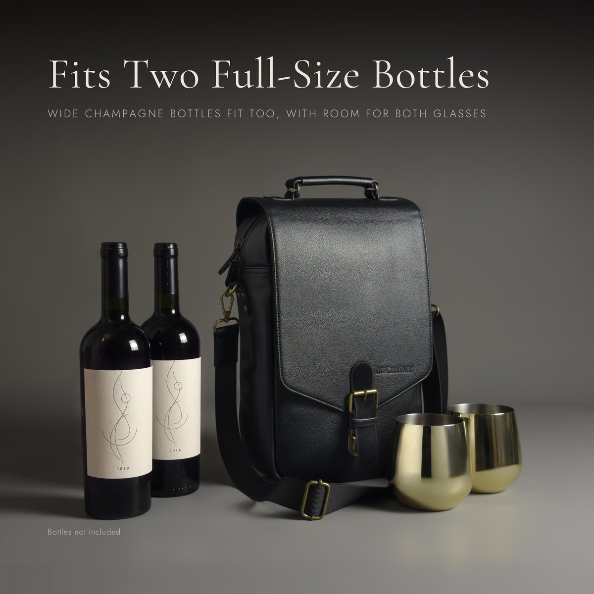 Fits two full-size bottles. Wide Champagne bottles fit too, with room for both glasses.