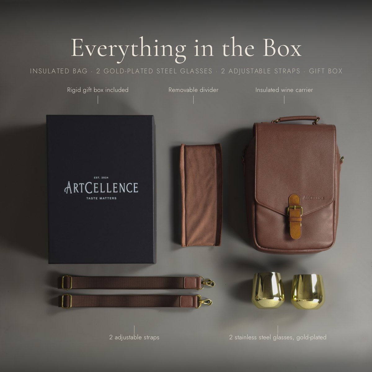 Everything in the box: insulated bag, two gold-plated steel glasses, two adjustable straps, gift box.