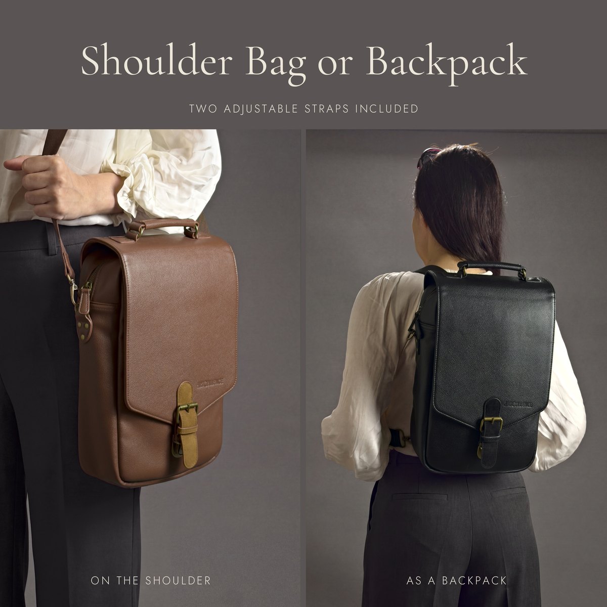 Shoulder bag or backpack. Two adjustable straps included.