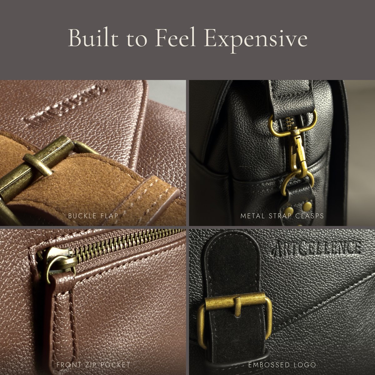 Built to feel expensive: buckle flap, metal strap clasps, front zip pocket, embossed logo.